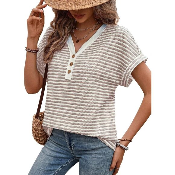 Women’s Waffle Knit Blouse Small Short Sleeve Stripe V Neck Casual Top